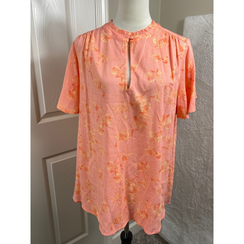 Ava &‎ Viv Women's Size X Peach Floral Keyhole Blouse Short Sleeve Boho Casual